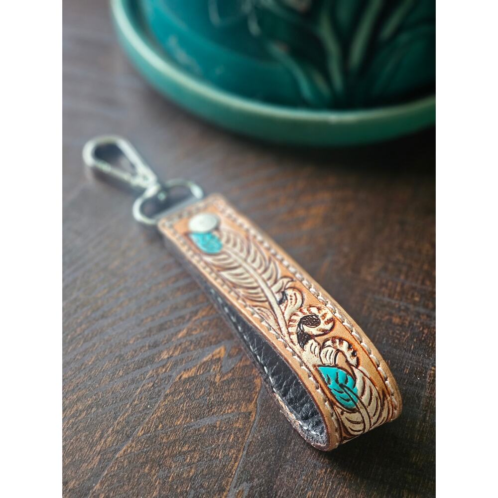 Genuine leather tooled keychain western blue feather design